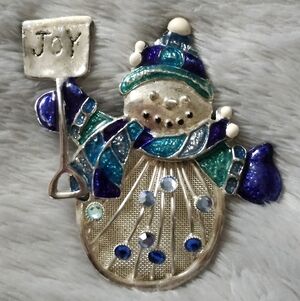 Vtg Silver-Tone Snowman Brooch Pin Enamel Blue Rhinestone JOY Christmas Holiday